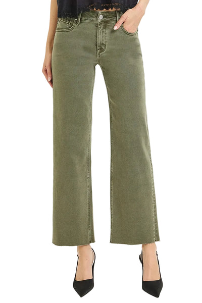 RISEN AURELIE BURNT OLIVE MID RISE ANKLE STRAIGHT RAW HEM PANTS