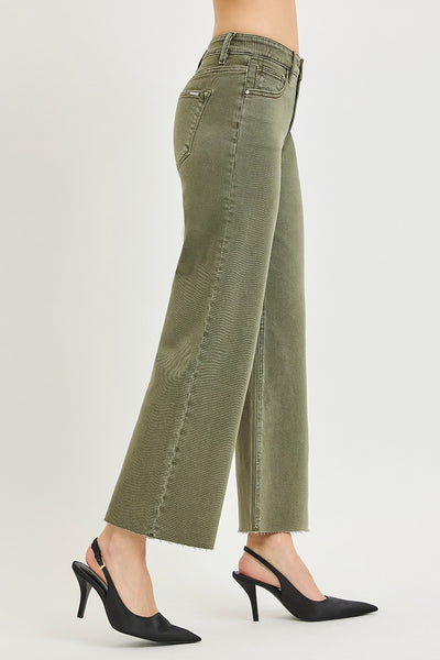 RISEN AURELIE BURNT OLIVE MID RISE ANKLE STRAIGHT RAW HEM PANTS