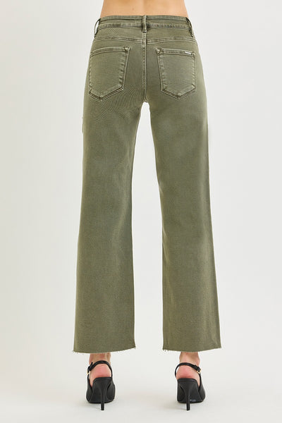 RISEN AURELIE BURNT OLIVE MID RISE ANKLE STRAIGHT RAW HEM PANTS