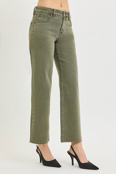 RISEN AURELIE BURNT OLIVE MID RISE ANKLE STRAIGHT RAW HEM PANTS