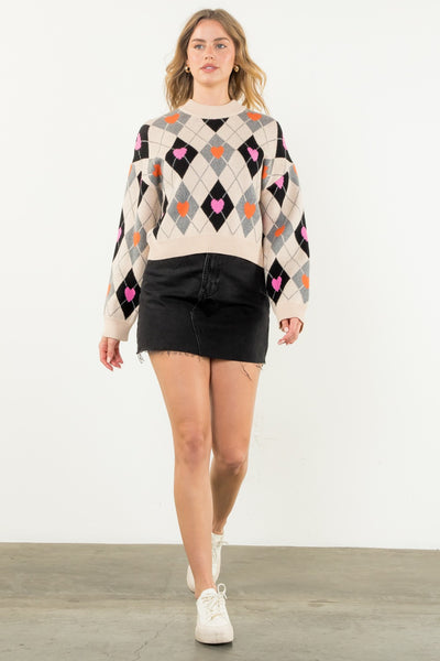 THML ARGYLE HEART PATTERN SWEATER