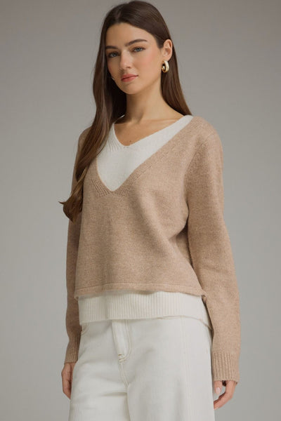 CAMEL V NECK SWEATER WITH CONTRAST DETAIL