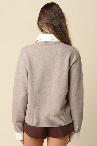 OLIVACEOUS HEATHERED KHAKI OFF WHITE ALINA RUGBY COLLAR SWEATER