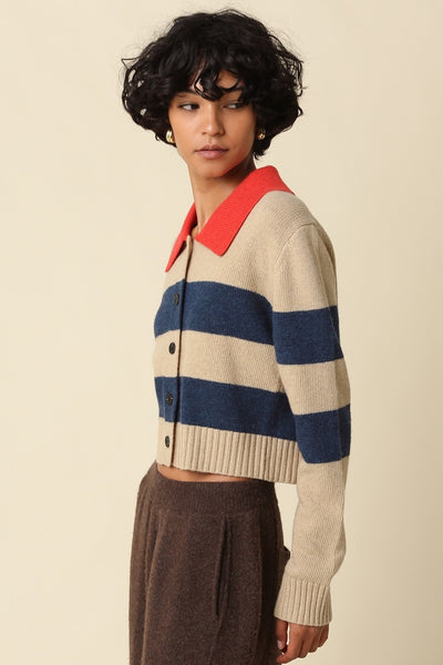 OLIVACEOUS CONTRAST COLLAR STRIPE CARDIGAN