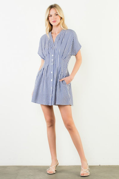 THML BLUE WHITE STRIPED BUTTON FRONT DRESS