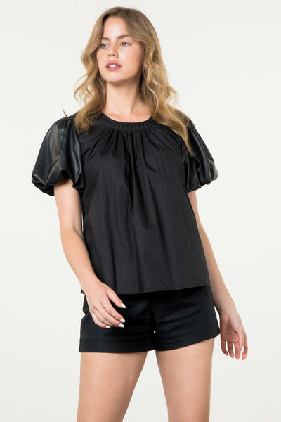 THML POPPY BLACK FAUX LEATHER PUFF SLEEVE TOP