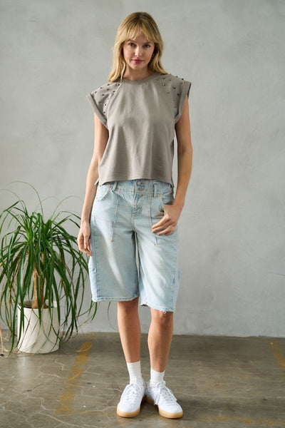 GREY SLEEVELESS TOP WITH METAL STUD DETAIL