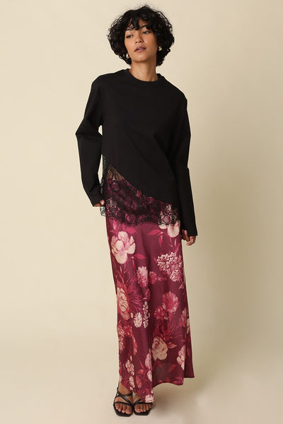 ODETTE BLACK ASYMMETRIC LACE TRIM TOP