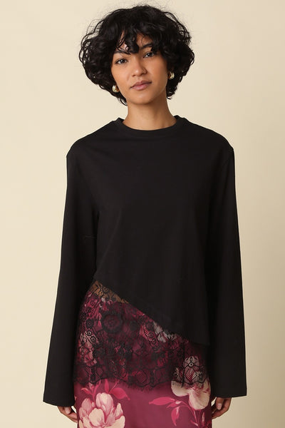 ODETTE BLACK ASYMMETRIC LACE TRIM TOP