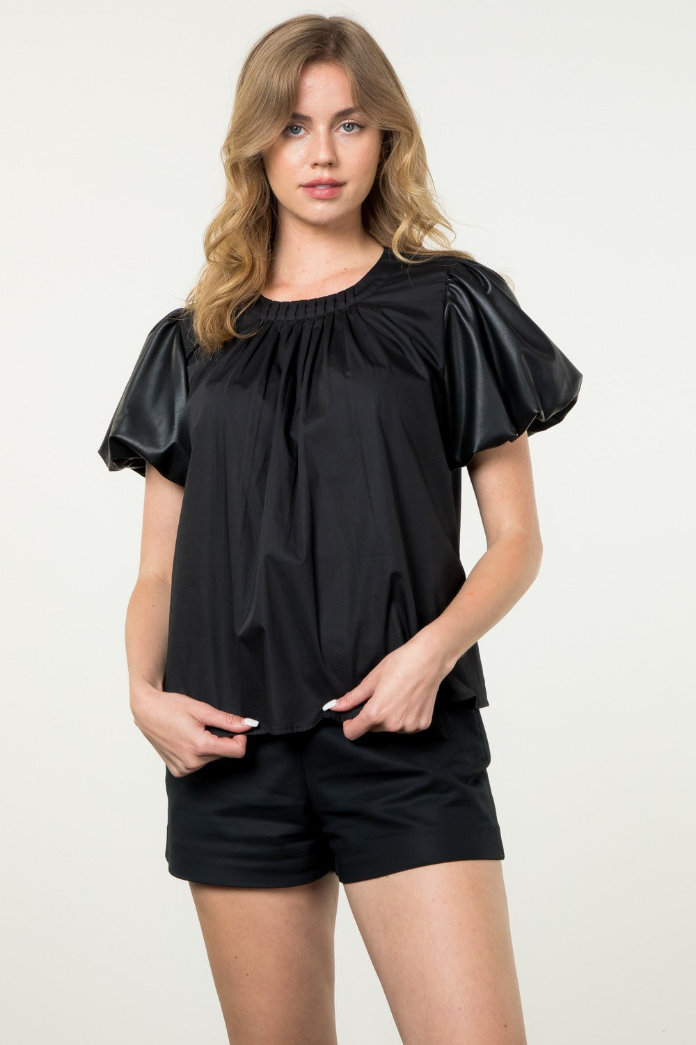 THML POPPY BLACK FAUX LEATHER PUFF SLEEVE TOP