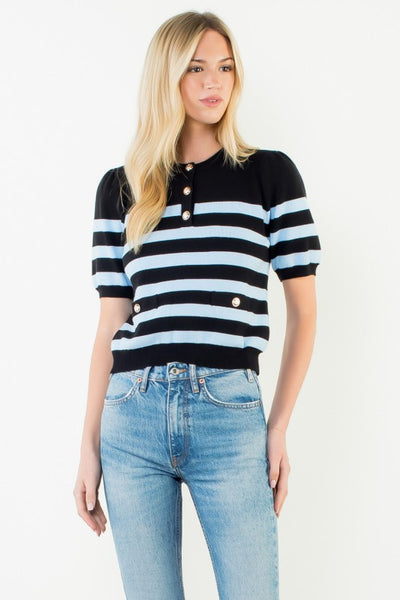 THML BLACK BLUE SHORT SLEEVE STRIPED TOP BUTTON DETAIL