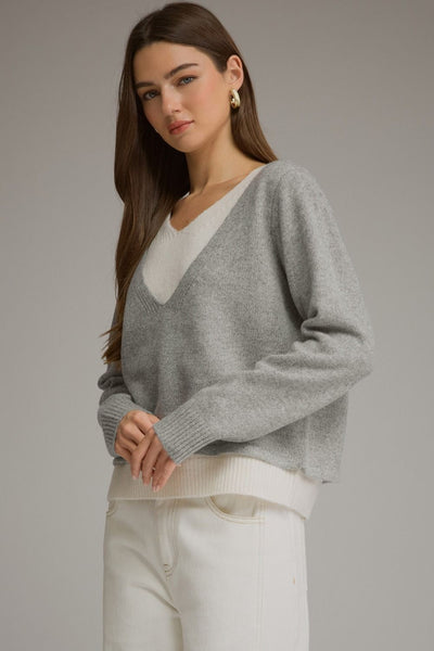 GREY V NECK SWEATER WITH CONTRAST DETAIL