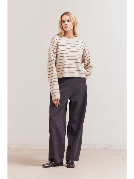 OATMEAL STRIPED DROP SHOULDER SWEATER