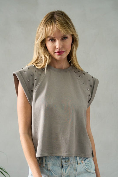 GREY SLEEVELESS TOP WITH METAL STUD DETAIL