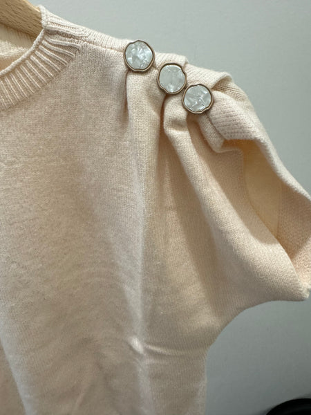 THML CREAM SHORT SLEEVE KNIT TOP PEARLIZED BUTTONS