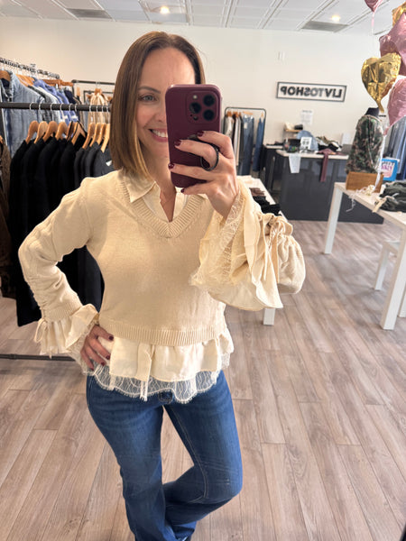 CREAM CHAMPAGNE SATIN LACE CONTRAST SWEATER