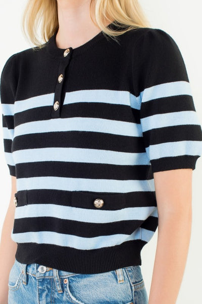 THML BLACK BLUE SHORT SLEEVE STRIPED TOP BUTTON DETAIL