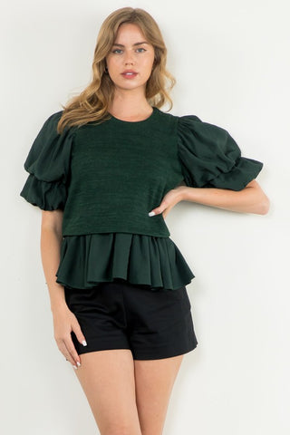 THML GREEN MIXED MEDIA PUFF SLEEVE TOP