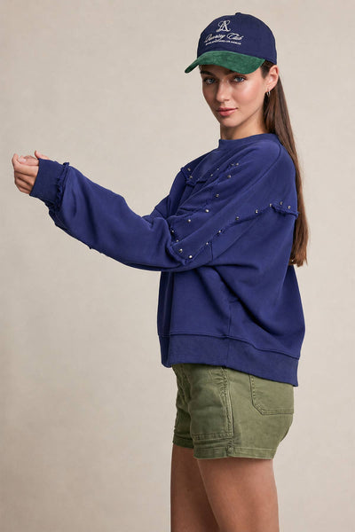 WASHED BLUE STUDDED RAW EDGE SWEATSHIRT