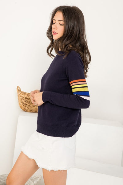 THML NAVY MULTI STRIPE SLEEVE SWEATER
