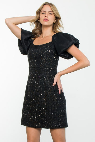 THML BLACK TWEED DRESS WITH CONTRAST PUFF SLEEVES