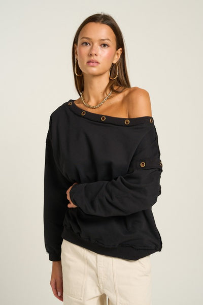 BLACK OFF SHOULDER SWEATSHIRT GROMMET DETAIL