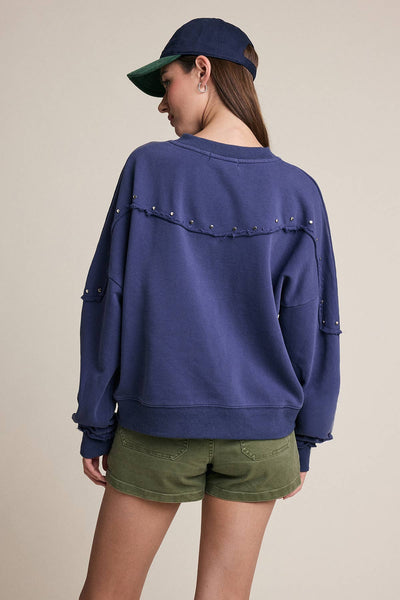 WASHED BLUE STUDDED RAW EDGE SWEATSHIRT