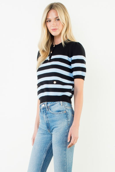 THML BLACK BLUE SHORT SLEEVE STRIPED TOP BUTTON DETAIL