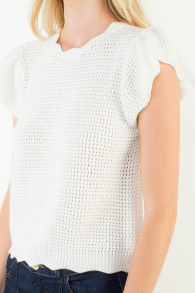 THML WHITE SCALLOP DETAIL KNIT TOP