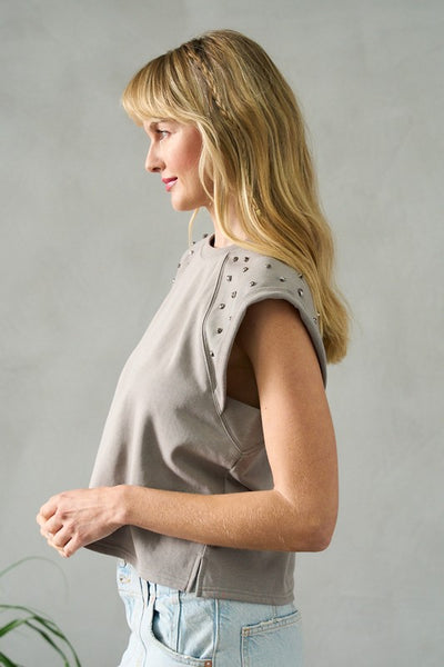 GREY SLEEVELESS TOP WITH METAL STUD DETAIL