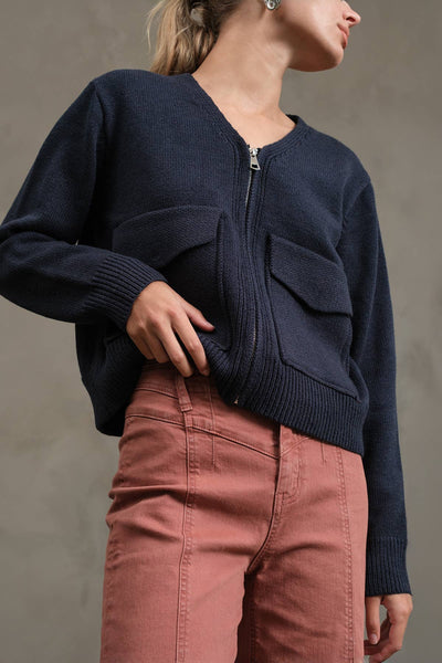 NAVY UTILITY POCKET KNIT ZIP CARDIGAN JACKET