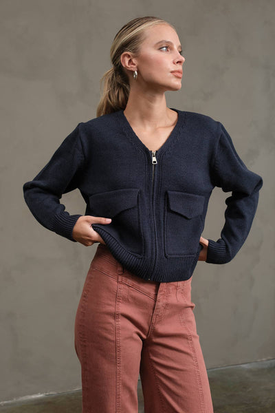 NAVY UTILITY POCKET KNIT ZIP CARDIGAN JACKET