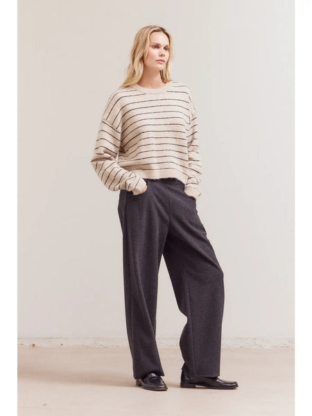 OATMEAL STRIPED DROP SHOULDER SWEATER