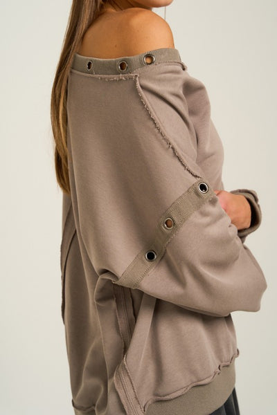 STONE OFF SHOULDER SWEATSHIRT GROMMET DETAIL