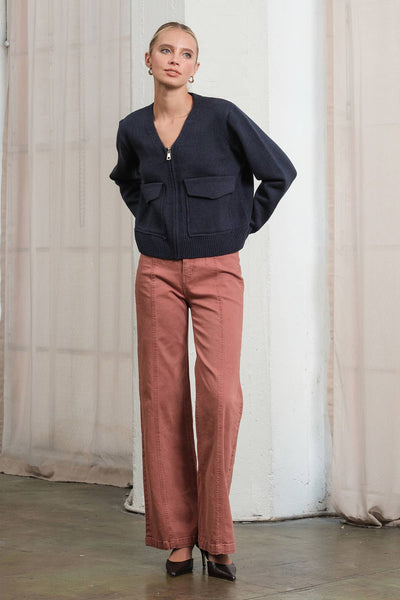 NAVY UTILITY POCKET KNIT ZIP CARDIGAN JACKET