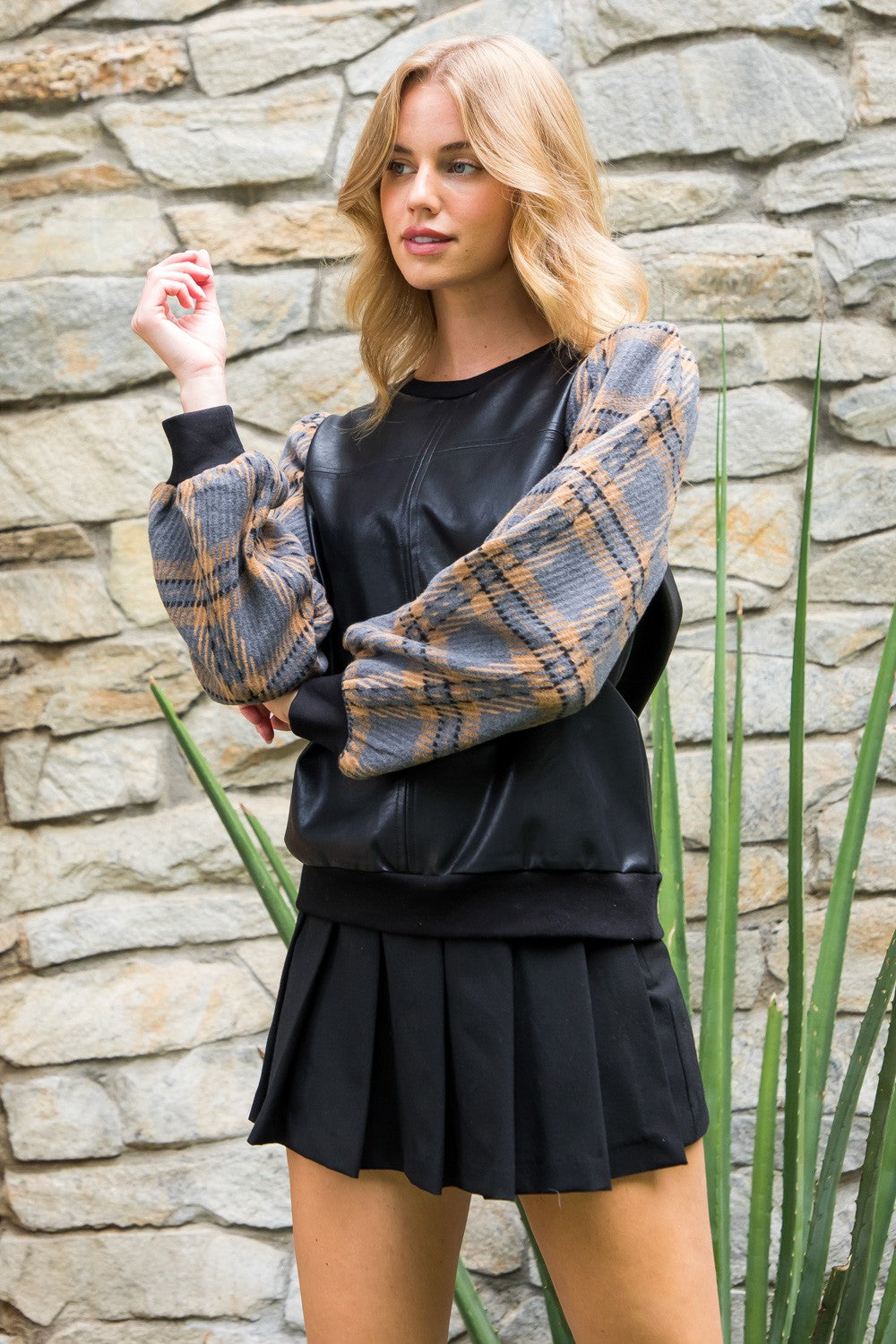 THML BLACK FAUX LEATHER TOP WITH CONTRAST PLAID SLEEVES FINAL SALE
