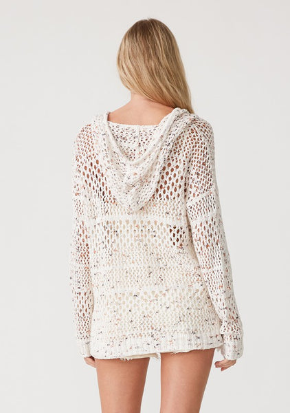 IVORY CORAL CROCHET HOODED SWEATER OPEN KNIT DESIGN