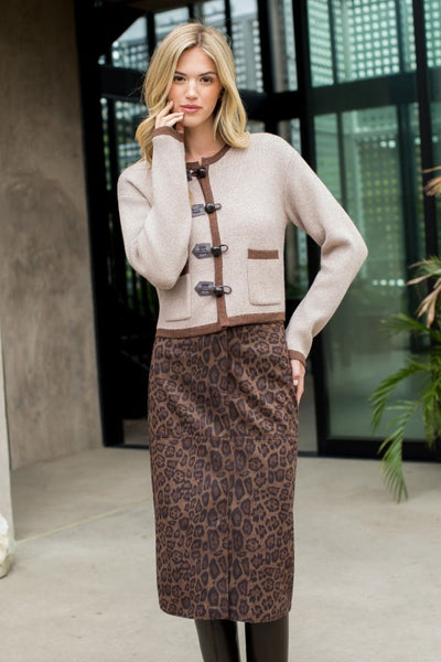 THML LEOPARD SUEDE MIDI SKIRT