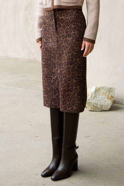 THML LEOPARD SUEDE MIDI SKIRT