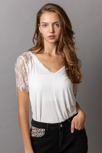 IVORY WHITE LACE V NECK TEE