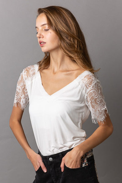 IVORY WHITE LACE V NECK TEE