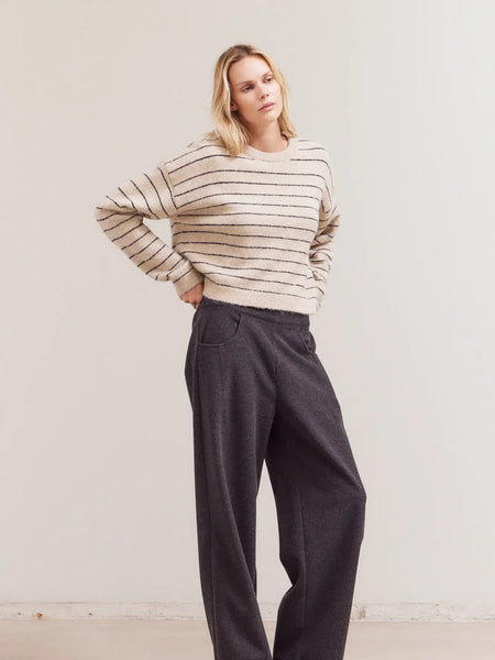 OATMEAL STRIPED DROP SHOULDER SWEATER
