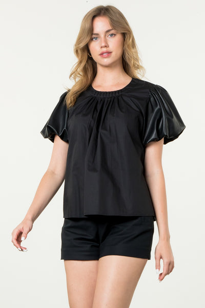 THML POPPY BLACK FAUX LEATHER PUFF SLEEVE TOP