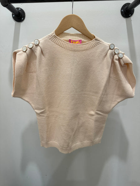 THML CREAM SHORT SLEEVE KNIT TOP PEARLIZED BUTTONS