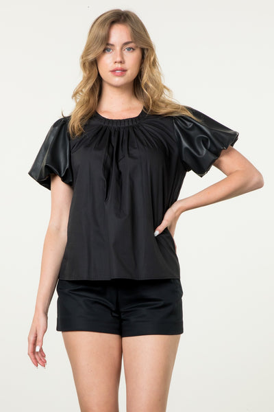 THML POPPY BLACK FAUX LEATHER PUFF SLEEVE TOP