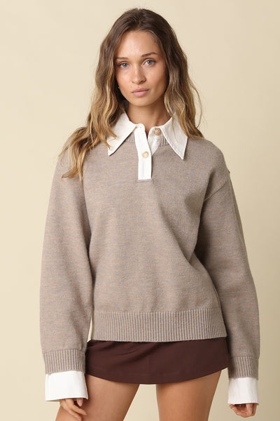 OLIVACEOUS HEATHERED KHAKI OFF WHITE ALINA RUGBY COLLAR SWEATER