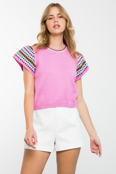 THML PINK PATTERN SHORT SLEEVE KNIT TOP