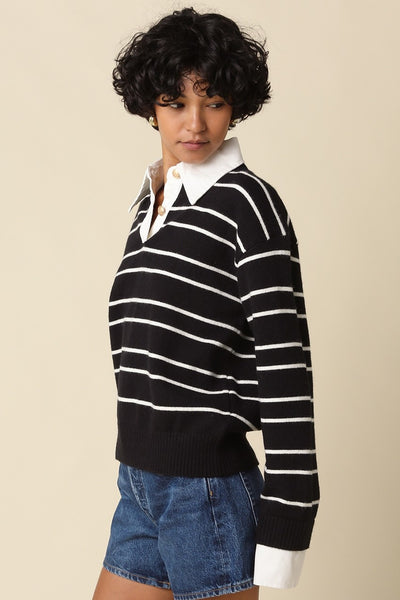 OLIVACEOUS BLACK WHITE RUGBY KNIT SWEATER
