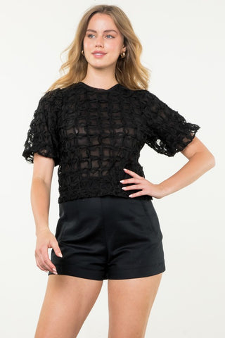 THML BLACK PUFF SLEEVE TEXTURED TOP TIE BACK