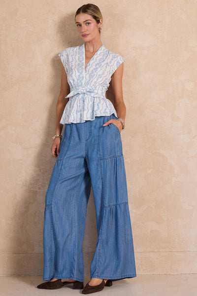 CURRENT AIR CHAMBRAY TIERED WIDE LEG PANT
